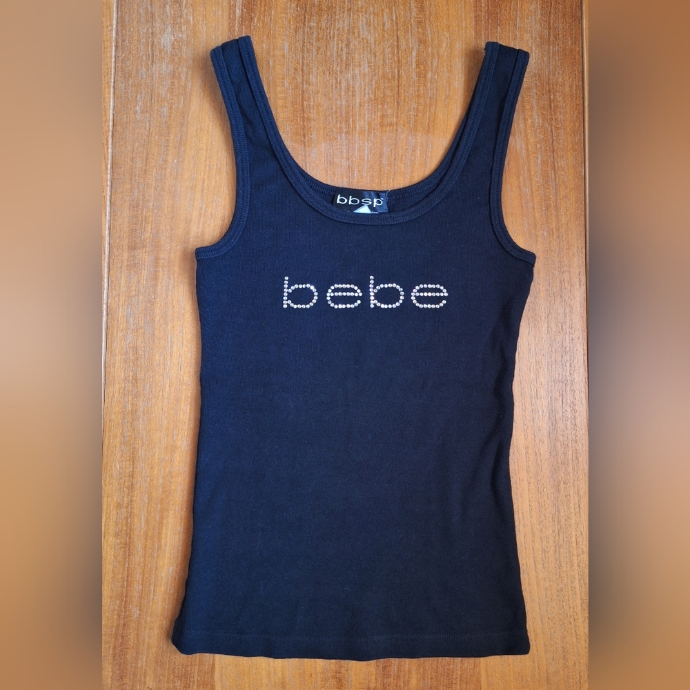 Vintage bebe Y2K Rhinestone Tank Crystal Logo Spellout Cotton Sporty Black Small